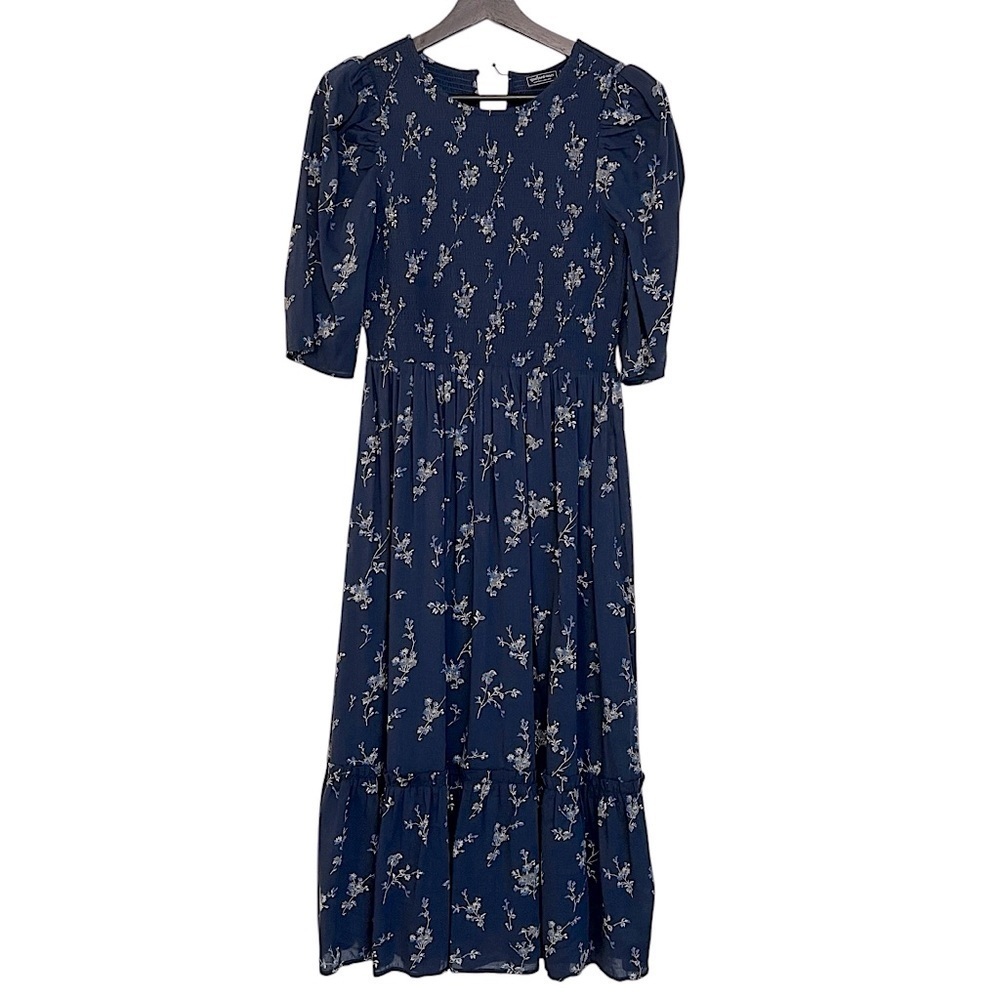 Vineyard Vines Cotton Modal Smocked Puff Sleeve Midi Dress Navy Floral XS Preppy